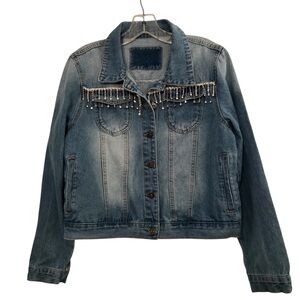 Y2K Cropped Denim Jacket with Rhinstones Size M Glam Bling